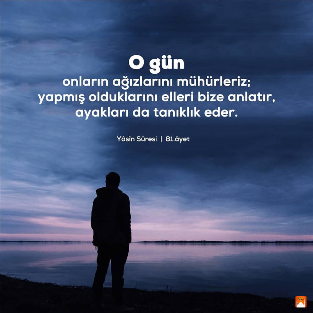 O gün
k onların ağızlarını mühürleriz;
yapmış olduklarını elleri bize anlatır,
. Gyakları da tanıklık eder. SA N Yâsin Süresi | 81.öyet —- !
t
ğ 1 O gün