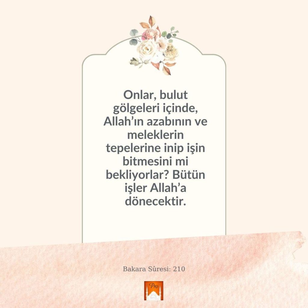 Onlar, bulut
gölgeleri içinde,
Allah'ın azabının ve
meleklerin
tepelerine inip işin
bitmesini mi
bekliyorlar? Bütün
işler Allah'a
dönecektir. Bakara Süresi: 210 4 Onlar