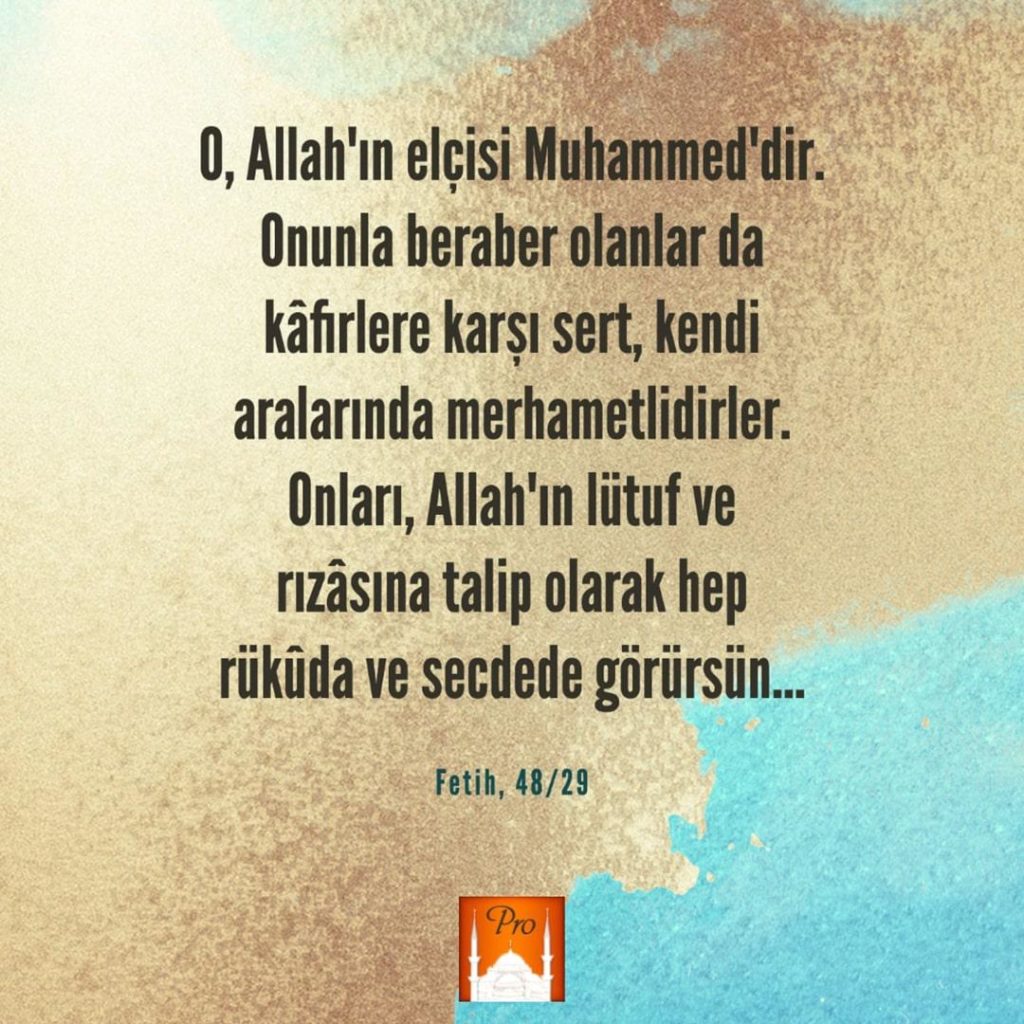 0, Allah'ın elçisi Mulıa ımed'dir.
Onunla beraber nlanlar aa
kâfirlere karşı sert, kendi aralarında merhametlidirler.
Onları, Allah'ın lütuf ve
rızâsına talip olarak hep rüküda ve secdede görürsür Fetih, 48/29