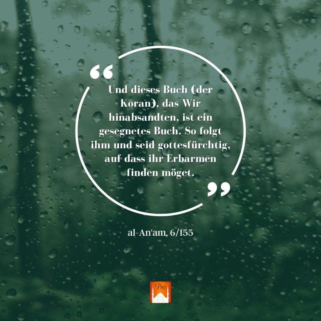 66 Und dieses Buch (der
Köran), das Wir
hinabsandten, ist ein
gesegnetes Buch. So folgt
ihm und seid gottesfürchtig,
auf dass ihr Erbarmen finden möget.
99 al-An'am, 6/İ55 C 5 66